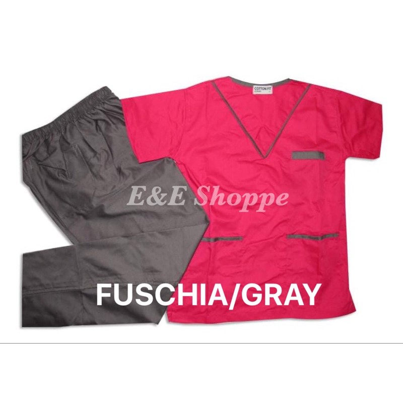 SCRUB SUIT Lacoste Cotton (FUCHSIA/GRAY Piping with non cargo pants