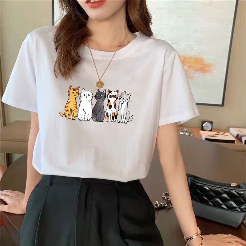 Korean cat fashion tshirt for women tees white round neck | Shopee ...