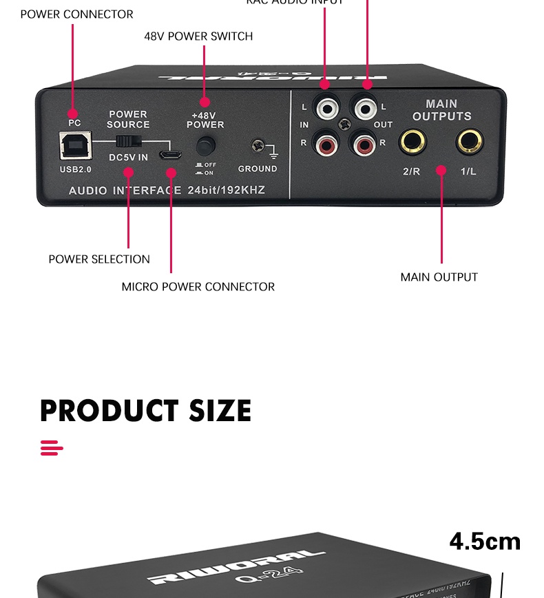 RIWORAL Q24 Sound Card Professional Audio interface System Stereo Mono