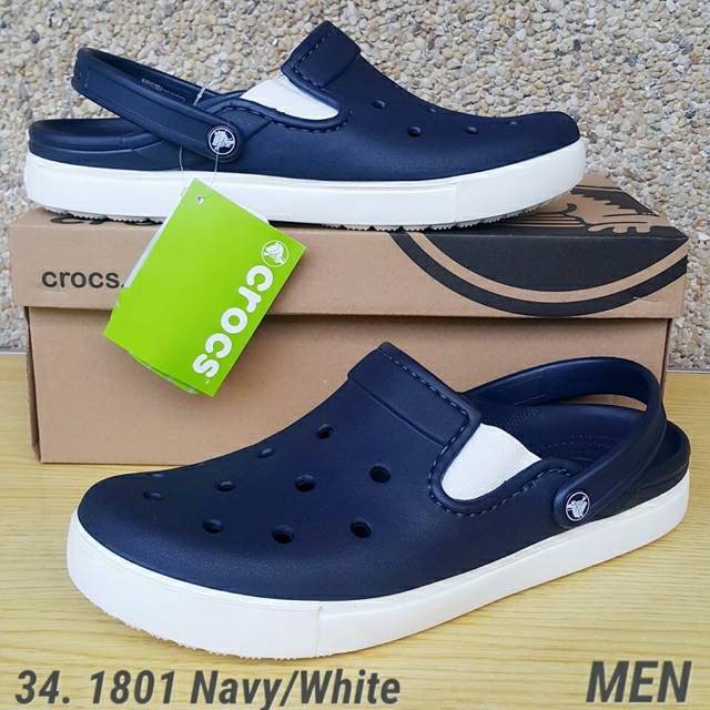 navy blue and white crocs