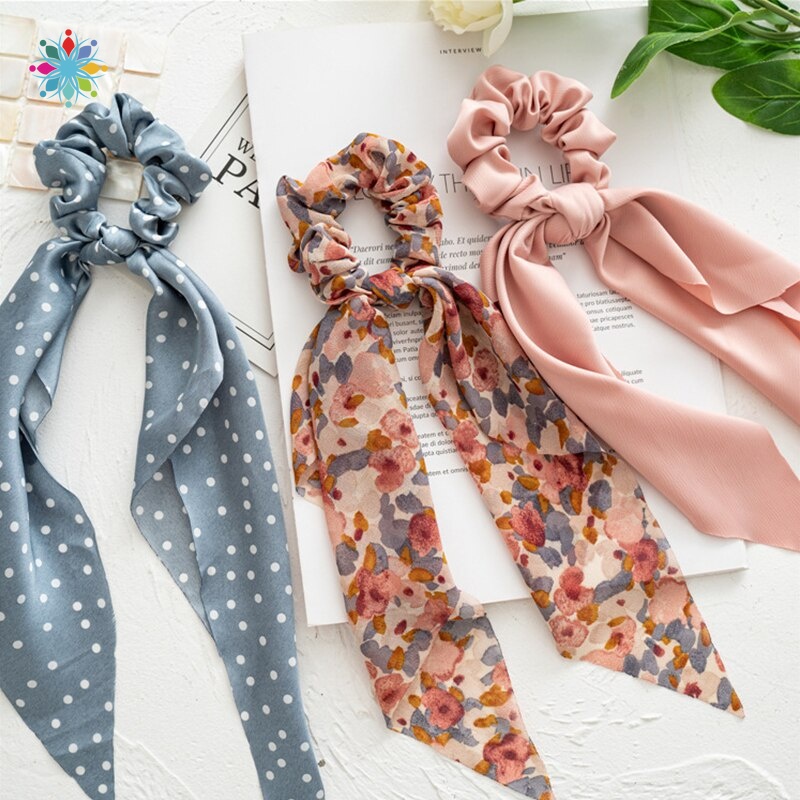 Floral Ponytail Scarf Bow Hair Rope Tie Elastic Scrunchie Ribbon Hair Band.