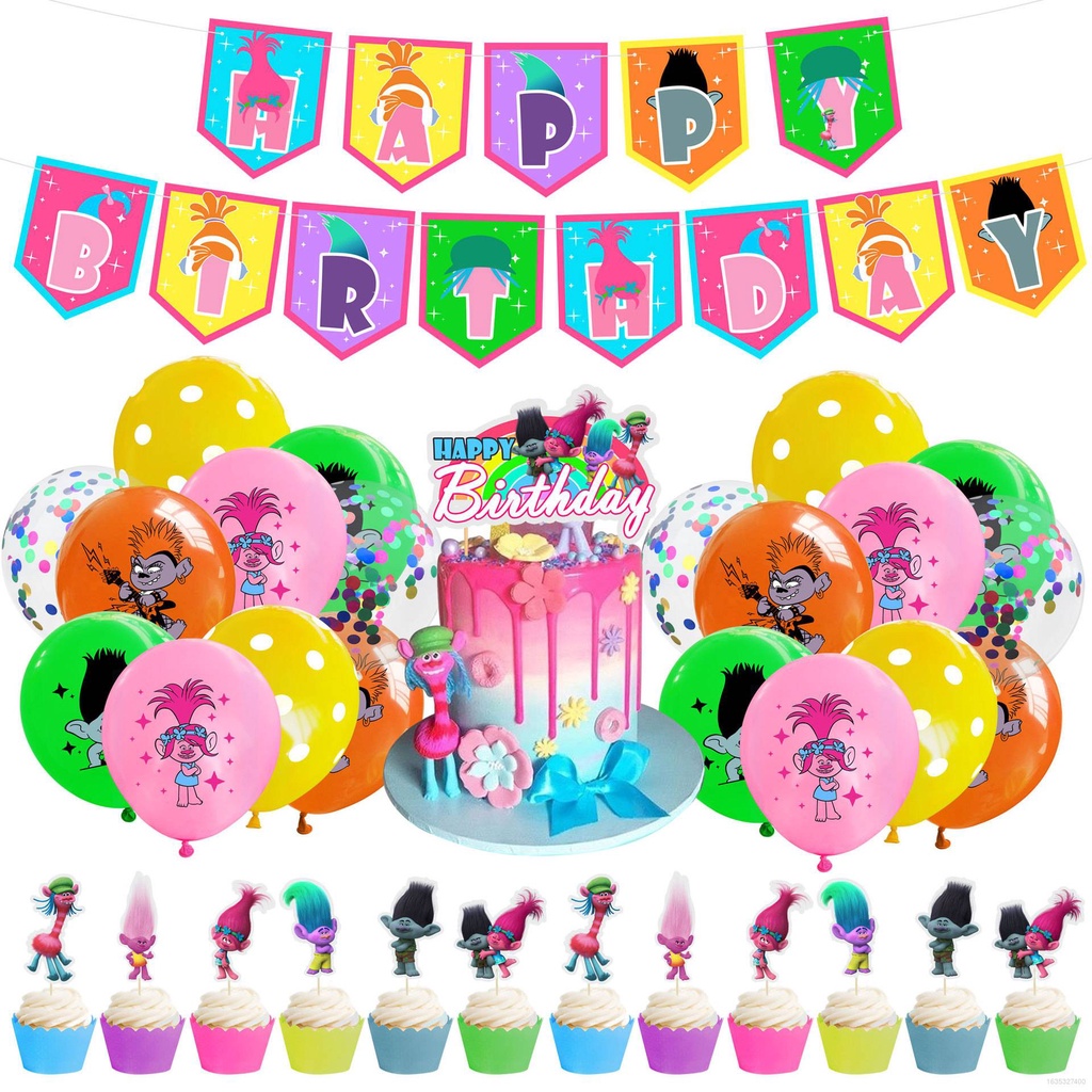 New Trolls Theme Happy Birthday Party Decorations Set Cake Topper Latex ...