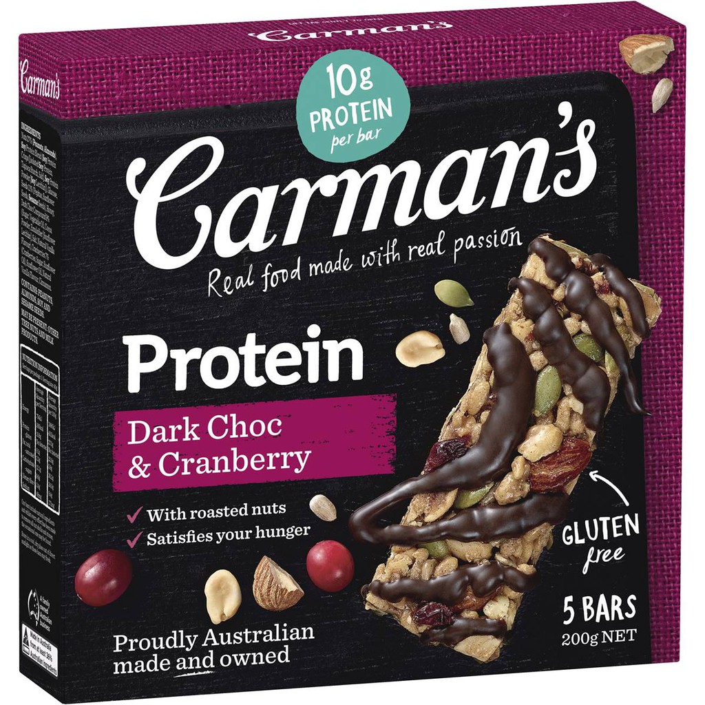 Carman's Gourmet Protein Bars Dark Choc Cranberry 5x40g Bars Shopee