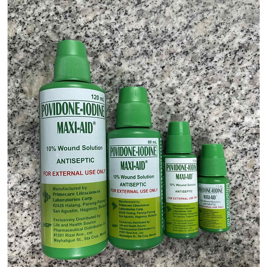 MAXI-AID Povidone Iodine 10% Solution Antiseptic 7.5ml, 15ml, 60ml, and  120ml | Shopee Philippines