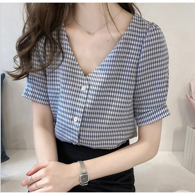 Ready Stock Women Korean Fashion V-neck Short-sleeve Button Casual ...