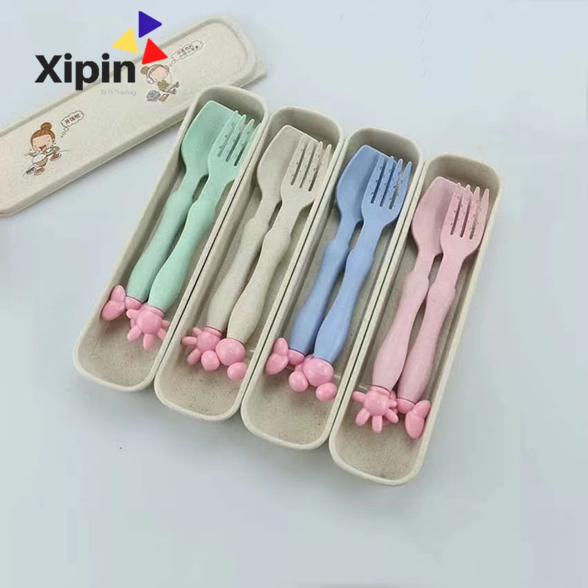 2Pcs/Set Wheat Children's Cute Spoon and Fork Twopiece Set Portable