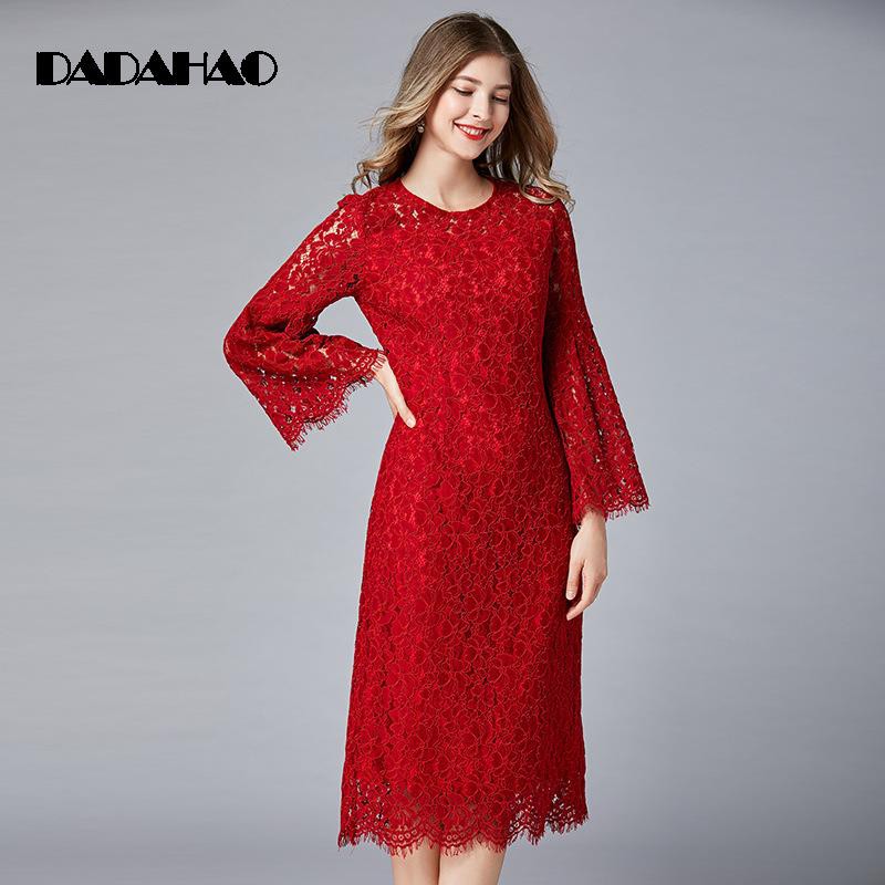 red lace bell sleeve dress