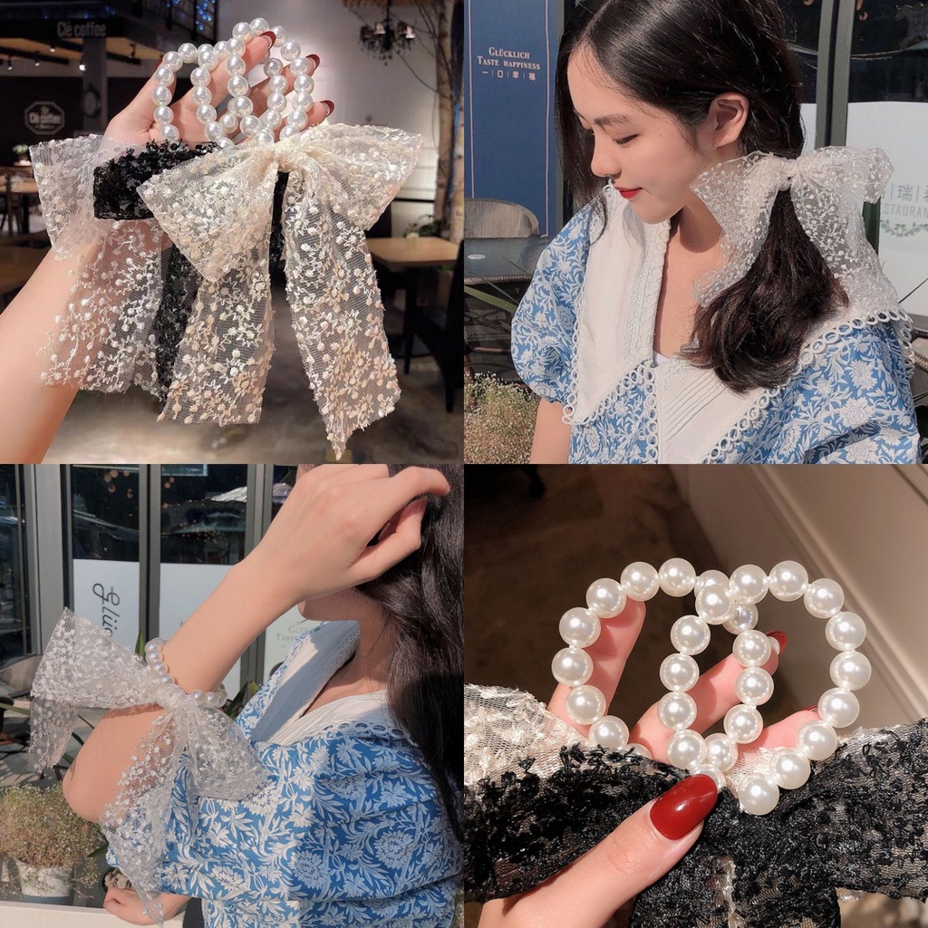 Women Girls Lace Bowknot Pearl Hair Rope Low Headband Korean Headdress