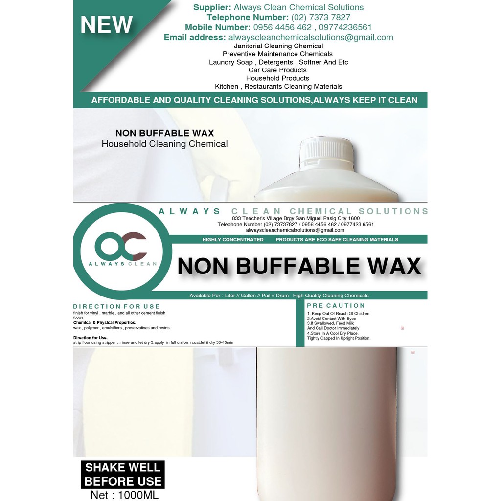 NON BUFFABLE EMULSION WAX 1 LITER (Cement Vinyl Rubber Shine Non