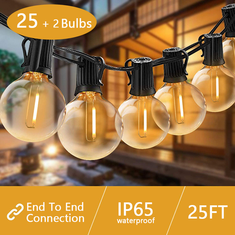 G40 Solar Led String Lights 7.62m/25ft 25Bulbs with 2 Spare Bulbs Warm