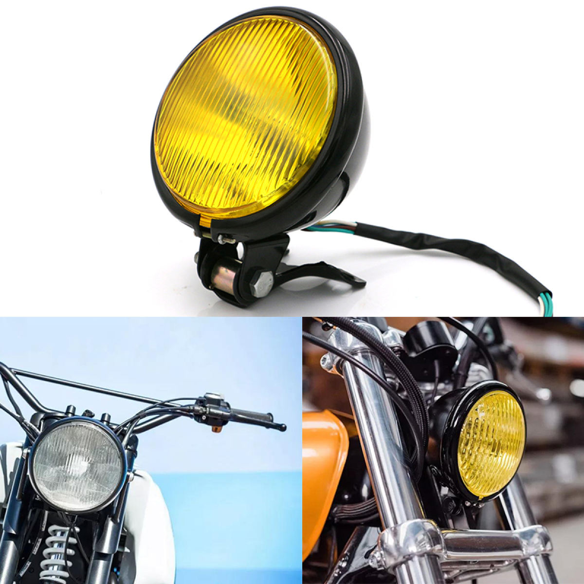 Motorcycle Headlight Universal Retro Round Motorcycle Headlamp Yellow