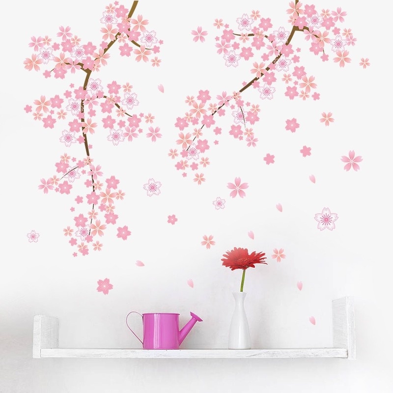 2 Pcs Pink Cherry Blossom Wall Stickers / Beautiful Flower Tree Branch Art Decals DIY Sofa Background Room Decor