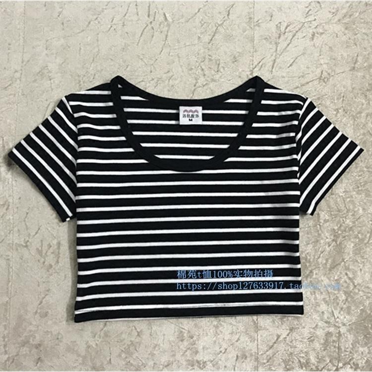 Cotton Half Length Short Sleeved T Shirt Women S Black And White Striped Ultra Short Bottoming Shirt Tight Fitting Blouse T Yoga Summer Shopee Philippines