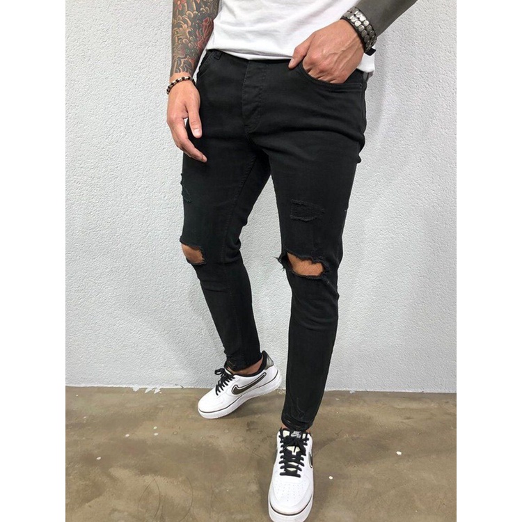 2021✙Men Jeans Black Blue Cool Skinny Knee Hole Ripped Stretch Slim Elastic Denim  Pants Solid Color | Shopee Philippines