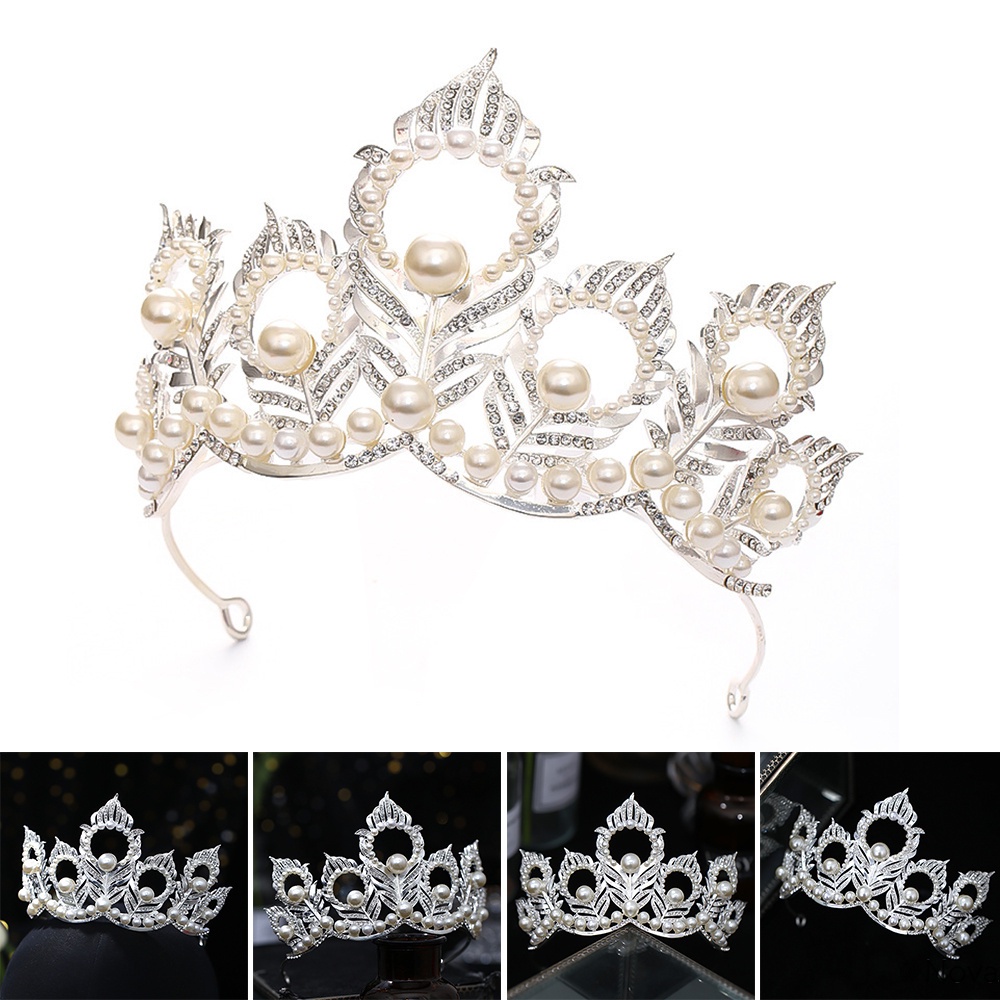 Crown White Pearls Leaf Shape Headdress Bridal Birthday Party Styling Accessory Inlaid with
