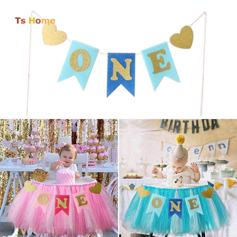 Baby Boy Girl First Birthday Banner Glitter One Heart Highchair