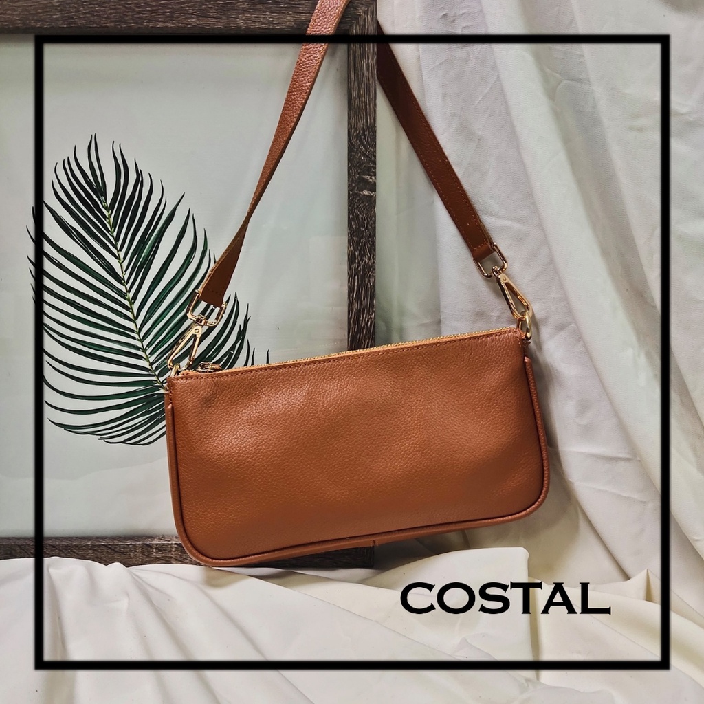 Costal Genuine Leather Handbag with Detachable Strap and Outer Piping