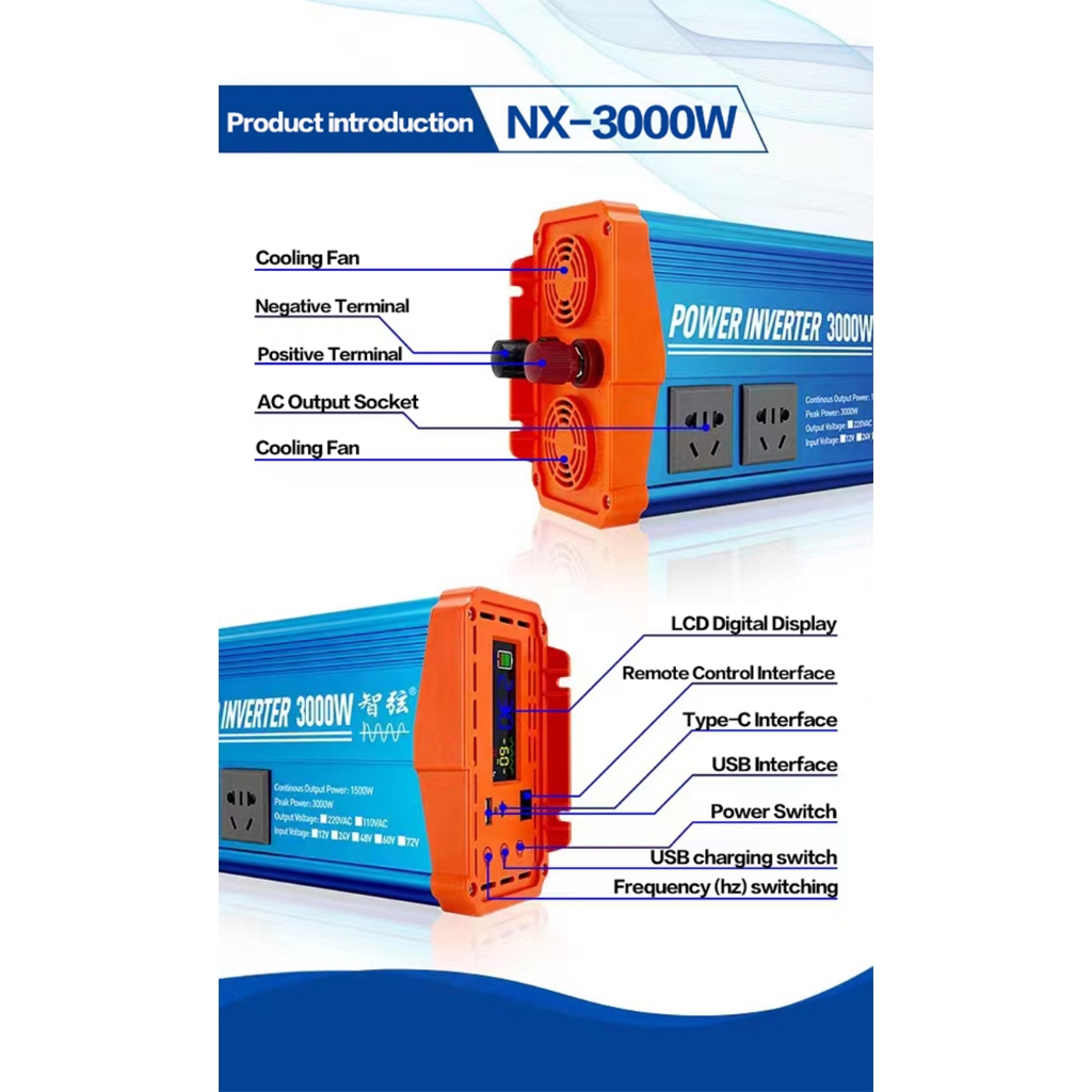 Peyto【60Hz】Solar Power Inverter Pure Sine Wave Converter DC12V / 24V to AC220V Electric Vehicle Car Home Appliance Travel outdoor use, For aircon, water pump, refrigerator, washing machine, rice cooker, microwave oven,electric drill — view 7