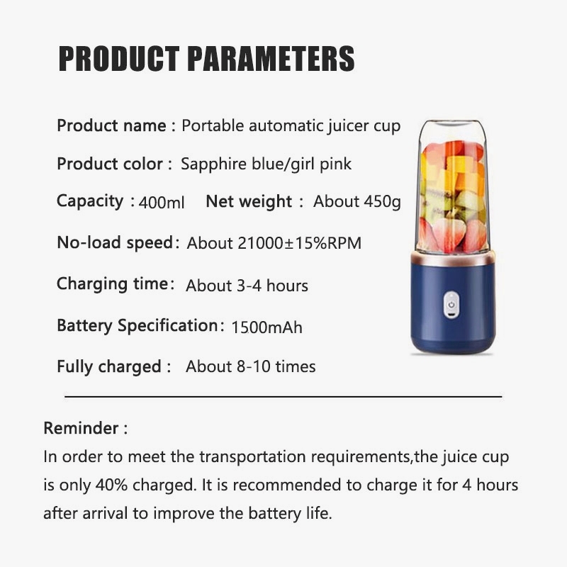 【Free Gift】400ML Portable Electric Juicer 2 Cup Home Mini Multifunctional Wireless Blender USB Rechargeable Small Juice Cup Blender - Image 7