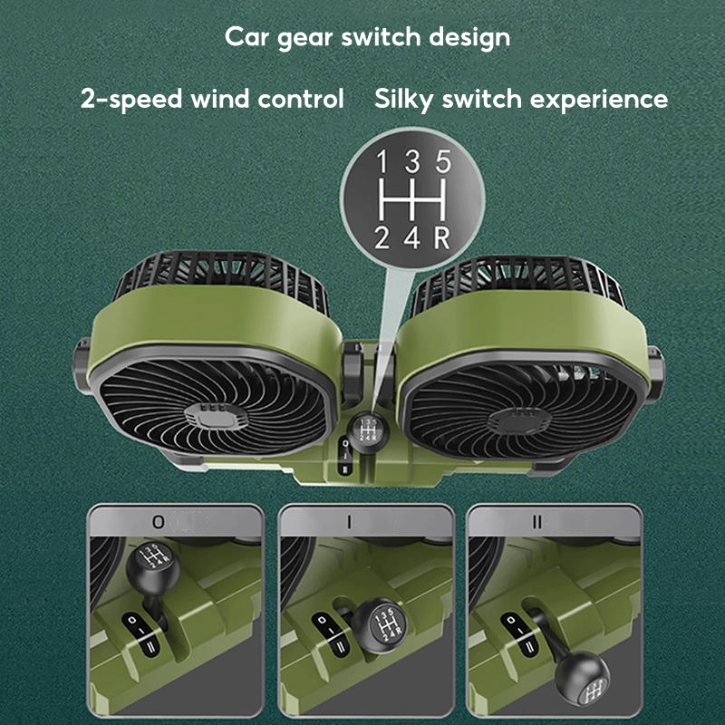 OATSBASF Auto Shaking Head Car Cooling Fan Low Noise 360° Rotatable Dual Head Dashboard Truck Fan with USB Port - Image 5