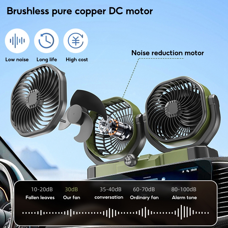 OATSBASF Auto Shaking Head Car Cooling Fan Low Noise 360° Rotatable Dual Head Dashboard Truck Fan with USB Port - Image 6