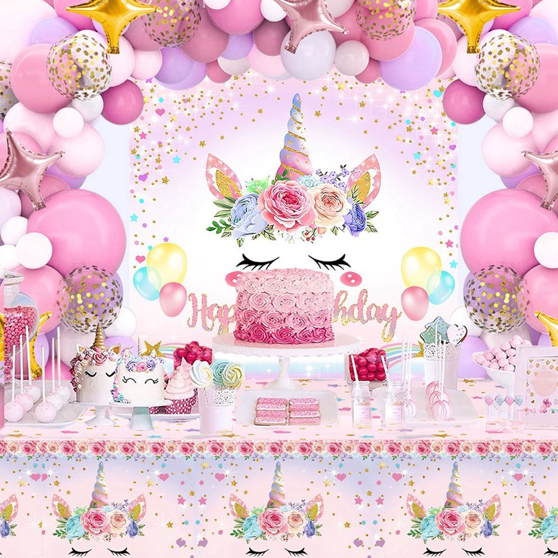 Fantasy Unicorn Birthday Balloons with Banner Tablecloth for 4-6 Seater Birthday Decoration Set Girl Birthday Party Needs - Image 2