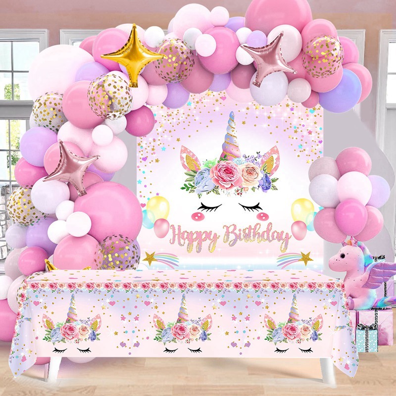 Fantasy Unicorn Birthday Balloons with Banner Tablecloth for 4-6 Seater Birthday Decoration Set Girl Birthday Party Needs