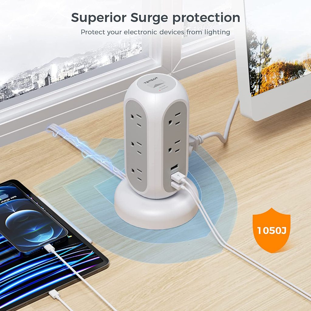 TESSAN Tower Power Strip Flat Plug Extension Cord with USB+TypeC, Surge Protector Outlet Socket - Image 2