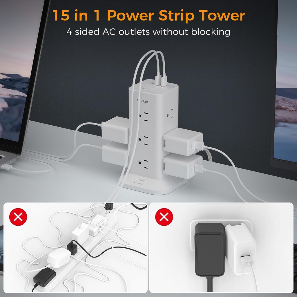 TESSAN Tower Power Strip Flat Plug Extension Cord with USB+TypeC, Surge Protector Outlet Socket - Image 4