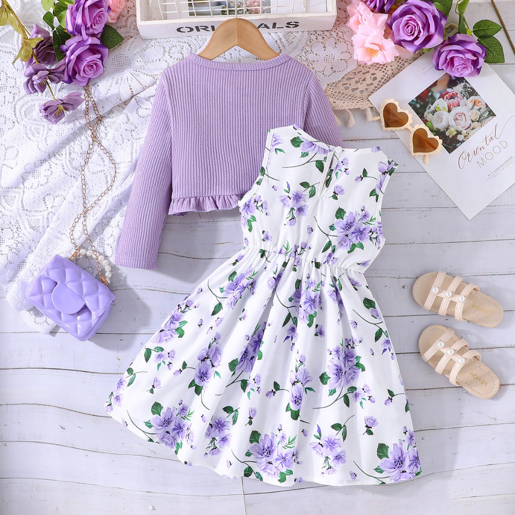 Manila Stock Fast Delivery Kids Girls Set 2-8 Years Old Floral Dress with Cardigan Pink Purple Blue Decorative Bow for Christmas Baptism Party Casual Outfit - Image 4