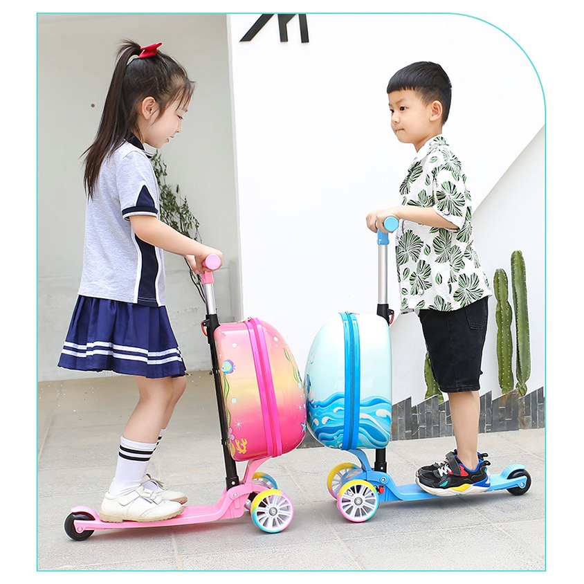 2 in 1 Kids Scooter Trolley Case Hardshell Ride on Luggage Unicorn Carry-on Luggage & Scooter with Brake Foldable Suitcase Girls
