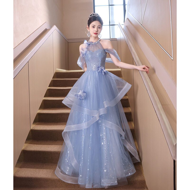 green emerald velvet dress banquet evening dress sling blue long elegant sexy thin host dress –  Ame_handmadesg