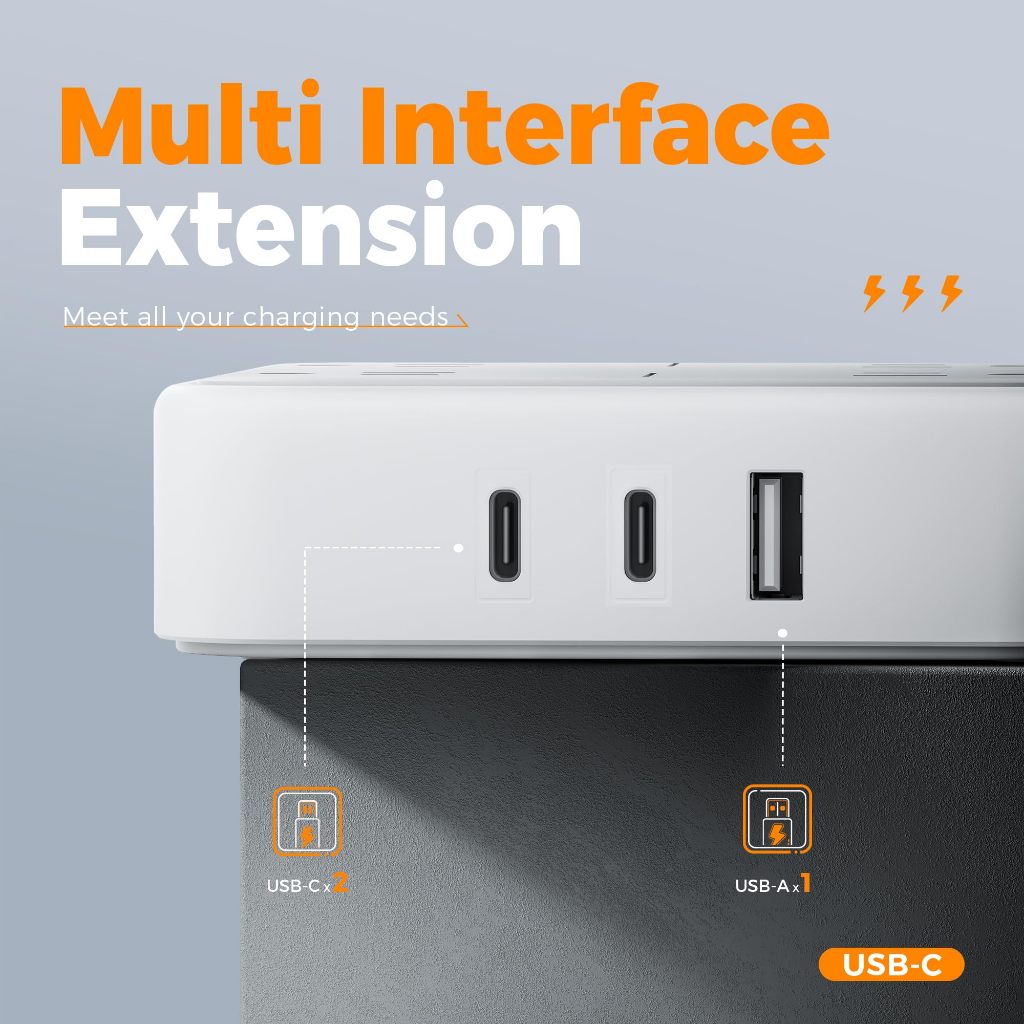 TESSAN Extension Wire with USB+Type C,Flat Plug Power Strip Portable Extension Cord High Quality - Image 3