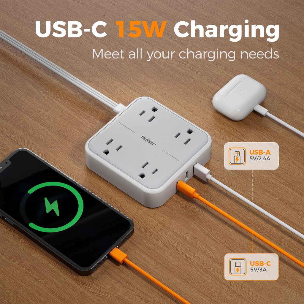 TESSAN Extension Wire with USB+Type C,Flat Plug Power Strip Portable Extension Cord High Quality - Image 4
