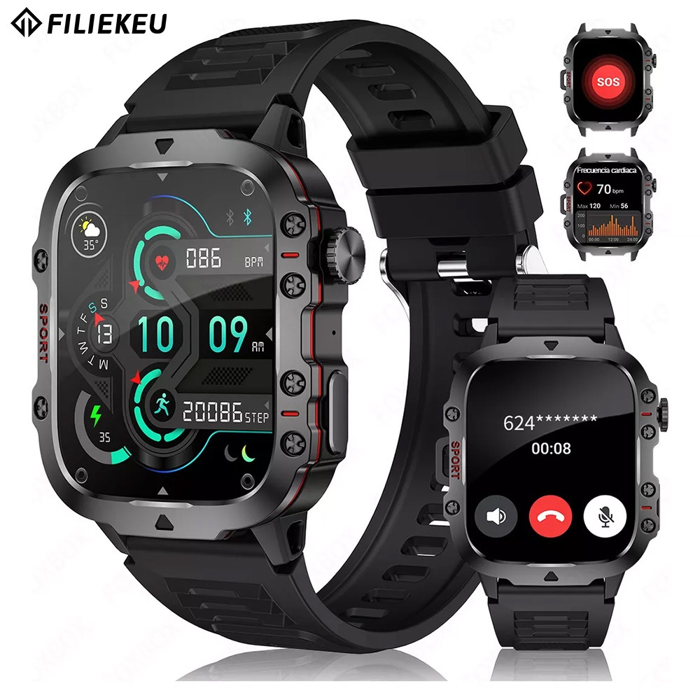 FILIEKEU Rugged Smartwatch Bluetooth Call 3ATM Waterproof Heart Rate Outdoor sports smart watch for men