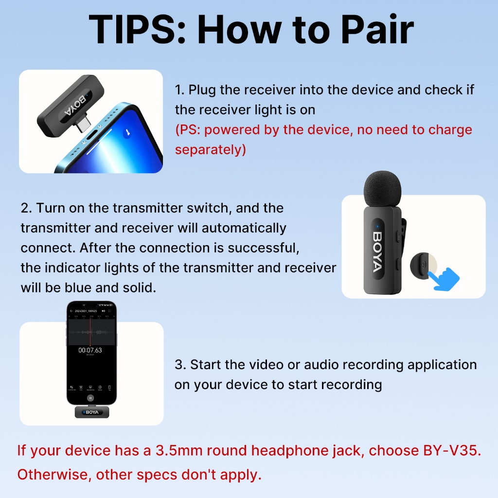 BOYA BY-V1/V2 Wireless Microphone Lapel Noise Cancelling Mic for Vlogging iPhone Android - Image 8