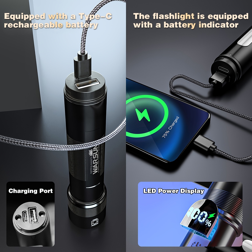 Warsun NB01 Super Bright 3000LM Hand Flashlight USB Rechargeable, IPX5 Waterproof Portable Torch for Camping Emergency Outdoor (9 Modes, 12H Runtime) - Image 2