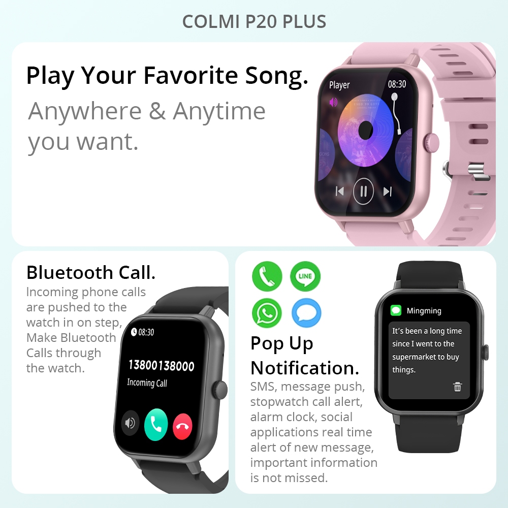 COLMI P20 PLUS SmartWatch Bluetooth Call IP68 Waterproof Heart Rate blood pressure Customize wallpaper Calculator - Image 4