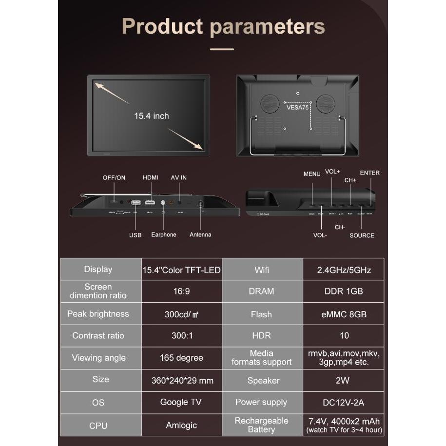 D16  15.4 Inch  WIFI Smart Tv  Rechargeable Portable Mini Digital TV Support DVB-T2 Digital Tv — view 8