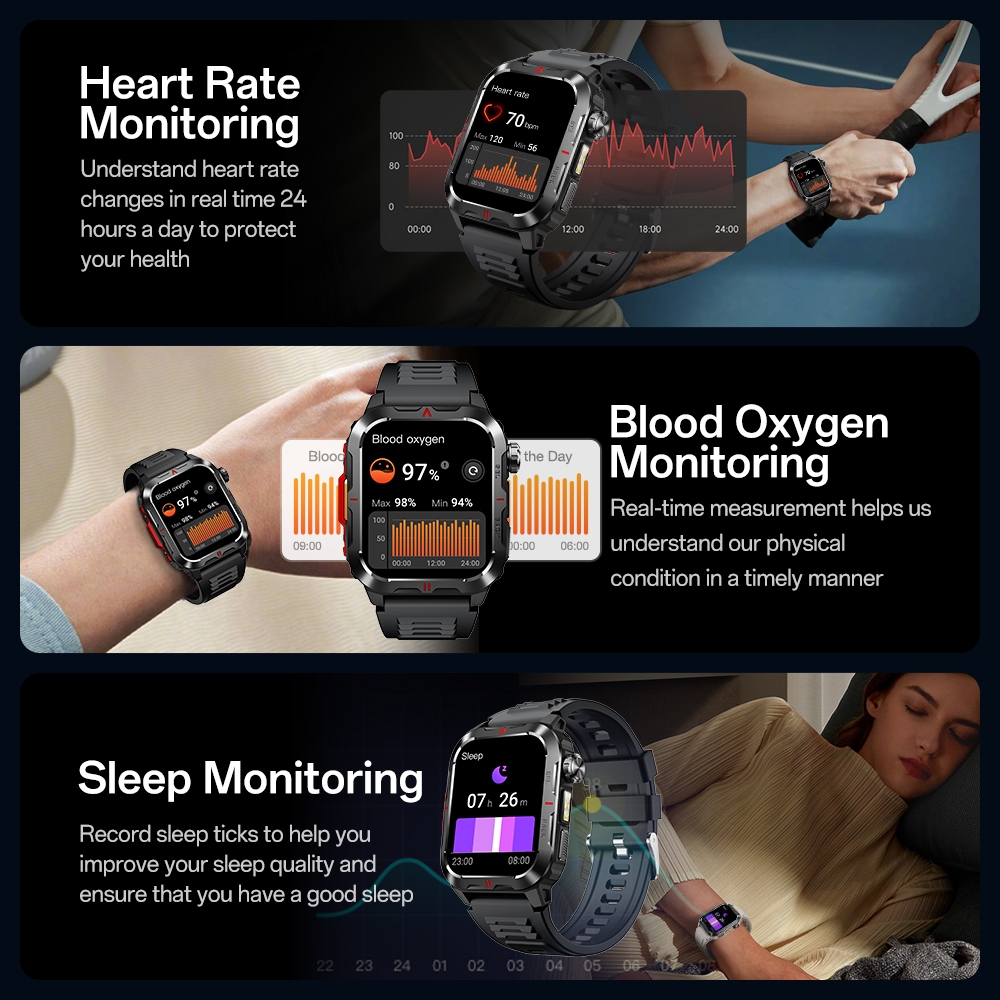 Aolon Tetra S5 Smart Watch 1.93-inch HD Screen 1ATM Waterproof Watch Calls Social Media Notifications Heart Rate Monitor Flashlight Running Pace Steps Outdoor Sports Strava Smartwatch for Man Woman - Image 5