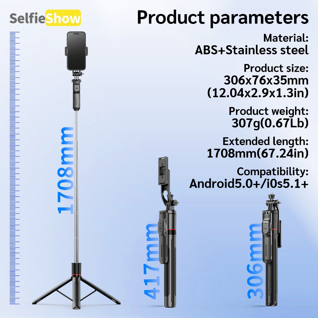 SELFIESHOW 171cm F16 Tripod Shooting Selfie Stick with Fill Light 360° Rotation Tripod Wireless Bluetooth Remote Shutter Foldable Monopod Portable Handheld Telescopic Photography Mobile Phone Holder Live with 1/4 Adapter for iPhone/Android/GoPro - Image 7