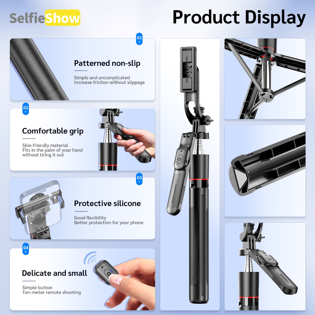 SELFIESHOW 171cm F16 Tripod Shooting Selfie Stick with Fill Light 360° Rotation Tripod Wireless Bluetooth Remote Shutter Foldable Monopod Portable Handheld Telescopic Photography Mobile Phone Holder Live with 1/4 Adapter for iPhone/Android/GoPro - Image 2
