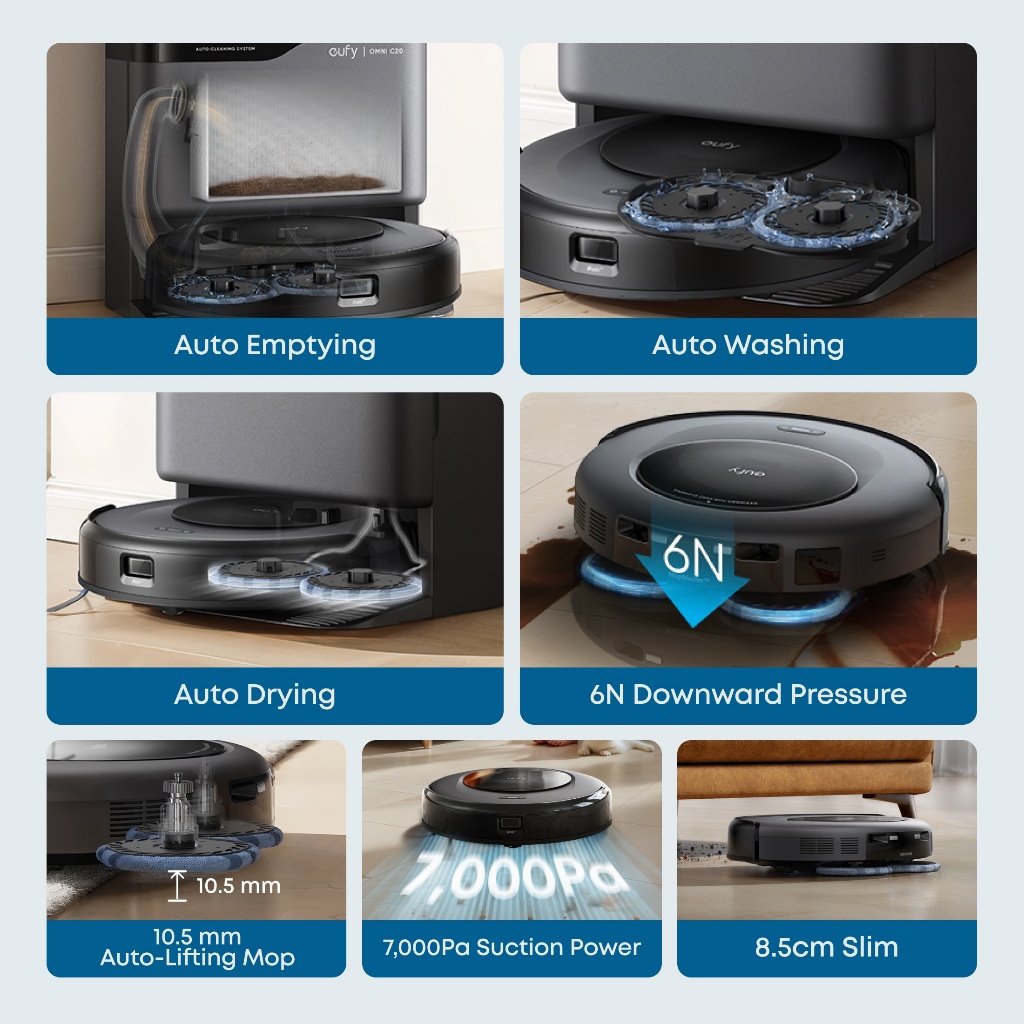 eufy Robot Vacuum Omni C20, 7000 Pa Powerful Suction, 3.35-Inch Ultra-Slim Body, Self Emptying, Auto Mop Washing and Auto Drying for Hands-free Cleaning, All-in-One Station - Image 2