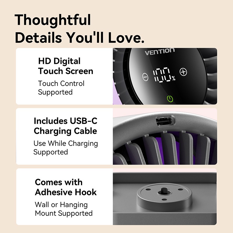 Vention Desk Fan 5000mAh Air Circulation Desktop Fan 100 Speed Settings Desktop Wall Hanging Fan for Dormitory Office - Image 7
