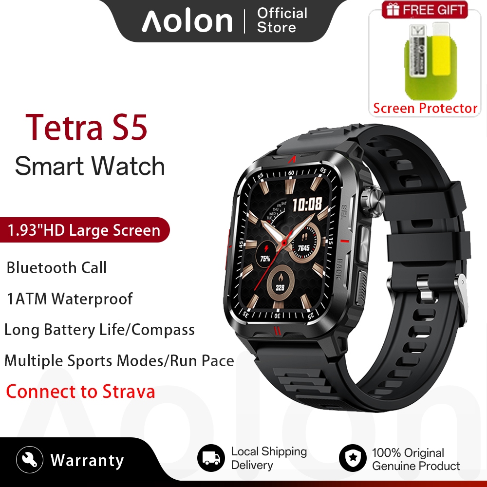 Aolon Tetra S5 Smart Watch 1.93-inch HD Screen 1ATM Waterproof Watch Calls Social Media Notifications Heart Rate Monitor Flashlight Running Pace Steps Outdoor Sports Strava Smartwatch for Man Woman