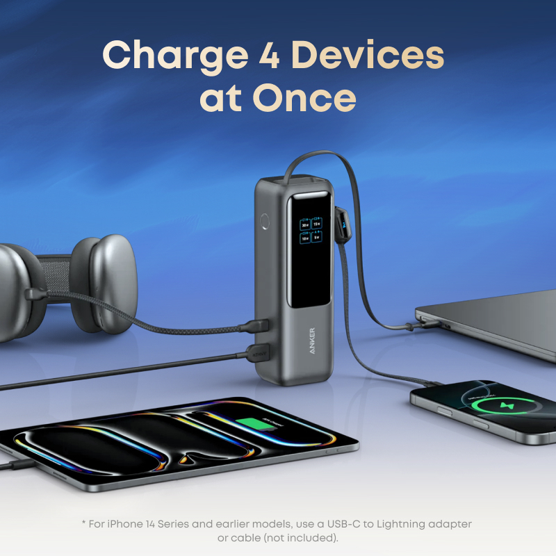 Anker Laptop Power Bank 25,000mAh Portable Charger with Triple 165W USB-C Ports for Multi-Device Charging, Built-In and Retractable Cables - Image 5