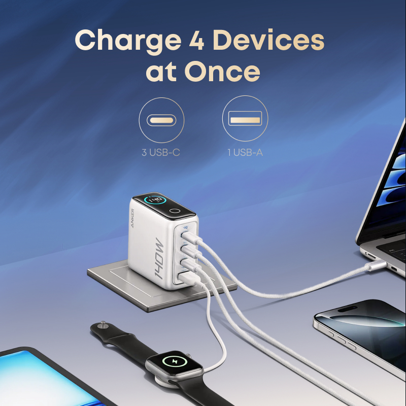 【Hot, with cable】ANKER Laptop Charger, 140W USB-C Charger, 4-Port Multi-Device Fast Charging for MacBook, iPad, iPhone 17/16 Series B2697 — view 5