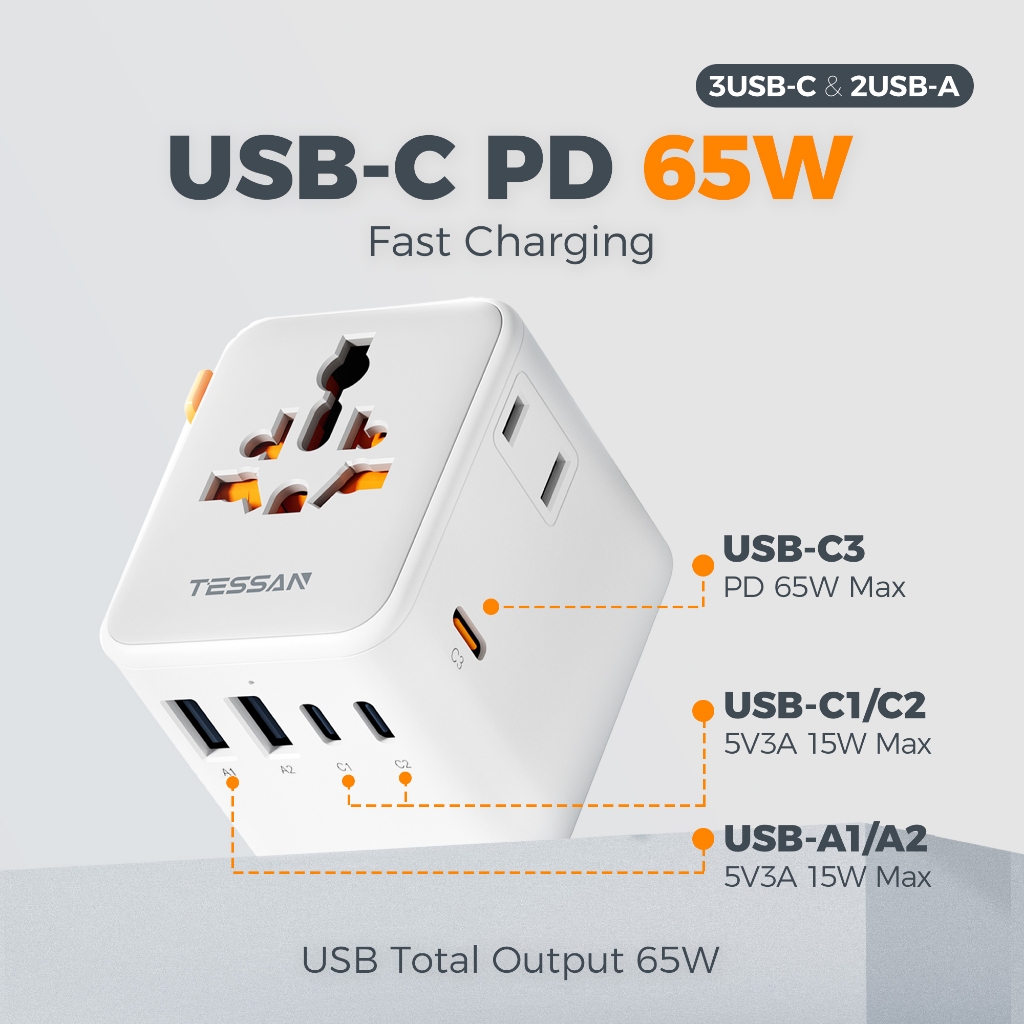 TESSAN Universal Travel Adapter with USB+Type C,Charger Plug Adaptor for Japan Hong Kong TH SG KR VN - Image 7