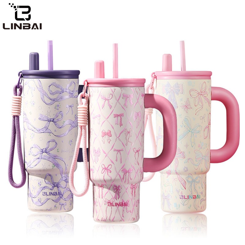 LINBAI Flask 24oz Colorful Insulated Tumbler with Straw Vacuum Stainless Steel Water Bottle Leakproof Cute Cup
