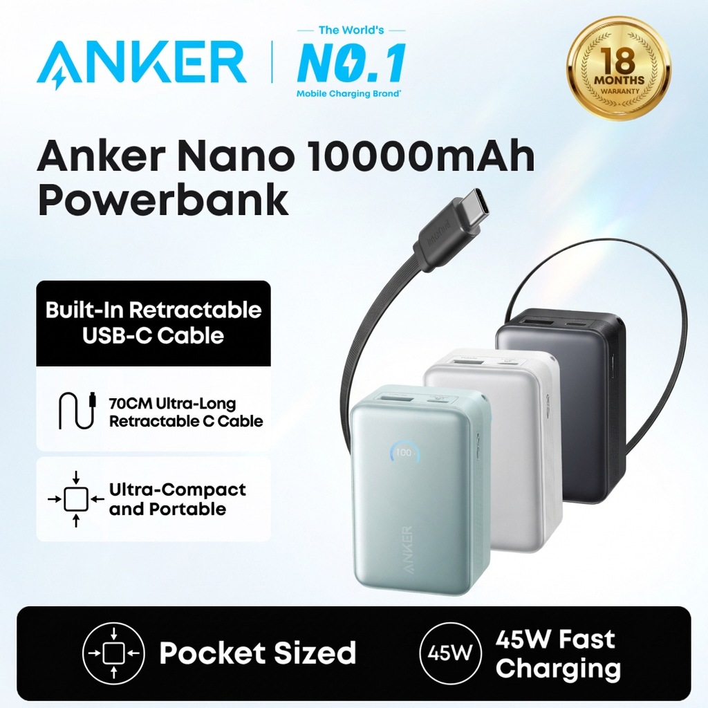 【CCC Certified】ANKER Nano Portable Charger, 45W 10000mAh with 2.3 ft Retractable Cable, Compact Power Bank, Travel Essential Battery Pack for iPhone 17/16 Series, iPad, Galaxy, Pixel A1638 — view 8